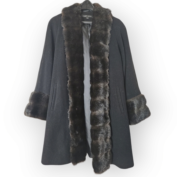 Albert Nipon Wool Black Coat with Brown Faux Mink Trim size Small - Picture 1 of 10